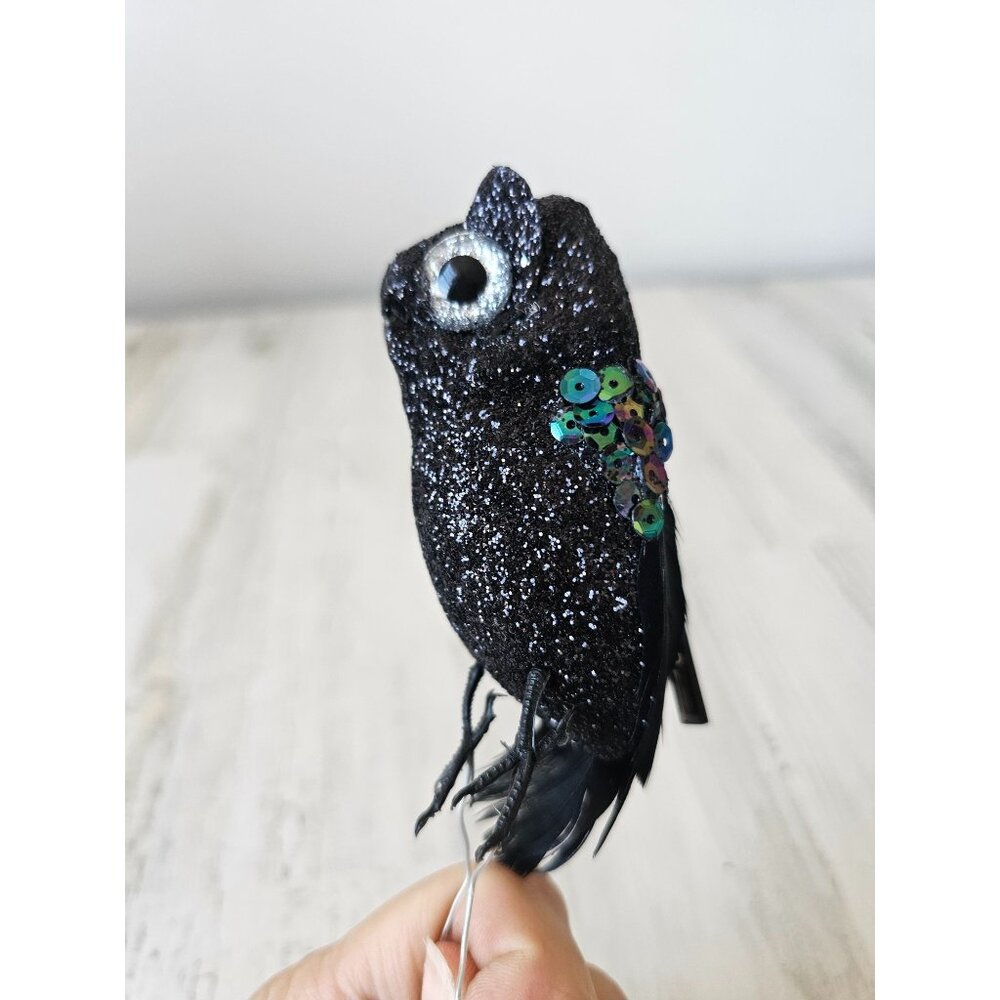 Clip sparkle‎ glitter owl ornament black sequin feather Halloween tree